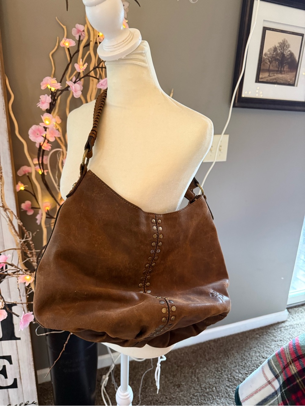 Patricia Nash Brown Distressed Leather Shoulder Hobo with Braided Strap